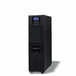 เครื่องสำรองไฟ (UPS) แบบตั้งพื้นสีดำ มีหน้าจอแสดงผลและช่องใส่แบตเตอรี่