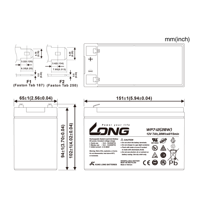 ขนาดแบตเตอรี่ Long Battery WP7-12 12V 7Ah VRLA