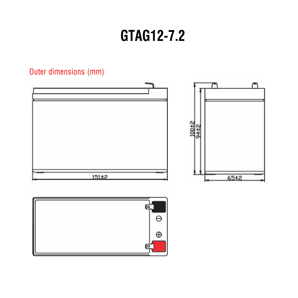 ขนาดสัดส่วนแบตเตอรี่ GlobalPower GTAG12-7.2