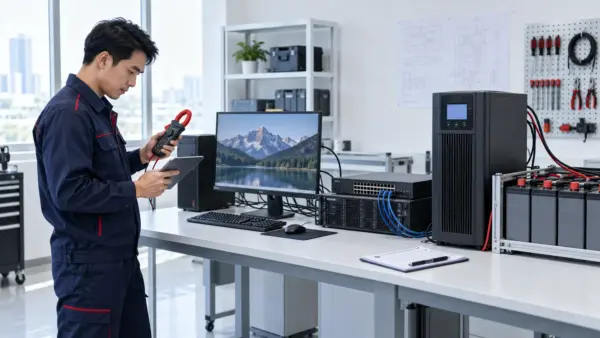ช่างเทคนิคกำลังคำนวณขนาด UPS และระยะเวลาสำรองไฟจากโหลดคอมพิวเตอร์และระบบเครือข่าย