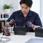 ช่างเทคนิคใช้เครื่องวัดตรวจแบตเตอรี่ UPS ก่อนเปลี่ยนลูกใหม่