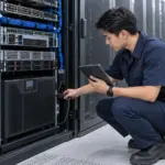 ช่างเทคนิคตรวจสอบ UPS สำหรับ Server และ Network ภายในตู้ Rack