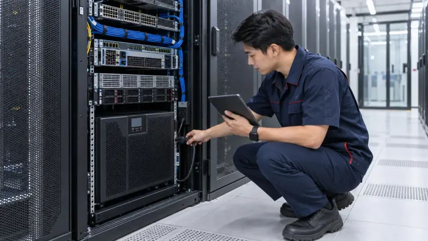 ช่างเทคนิคตรวจสอบ UPS สำหรับ Server และ Network ภายในตู้ Rack