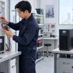 ช่างเทคนิคตรวจแรงดันและเปรียบเทียบ UPS กับ AVR ภายในห้องทดสอบไฟฟ้า