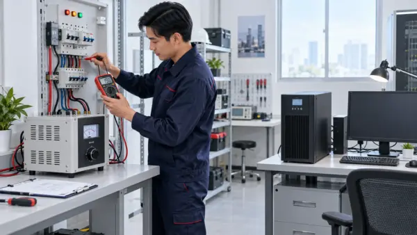 ช่างเทคนิคตรวจแรงดันและเปรียบเทียบ UPS กับ AVR ภายในห้องทดสอบไฟฟ้า