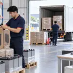 พนักงานคลังเตรียมจัดส่ง UPS และแบตเตอรี่พร้อมตรวจเอกสารใบกำกับภาษี