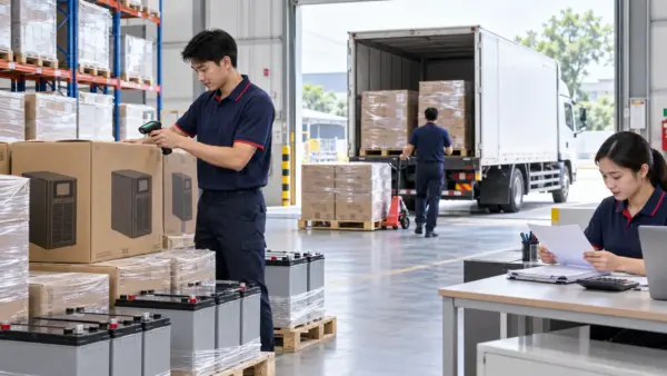 พนักงานคลังเตรียมจัดส่ง UPS และแบตเตอรี่พร้อมตรวจเอกสารใบกำกับภาษี