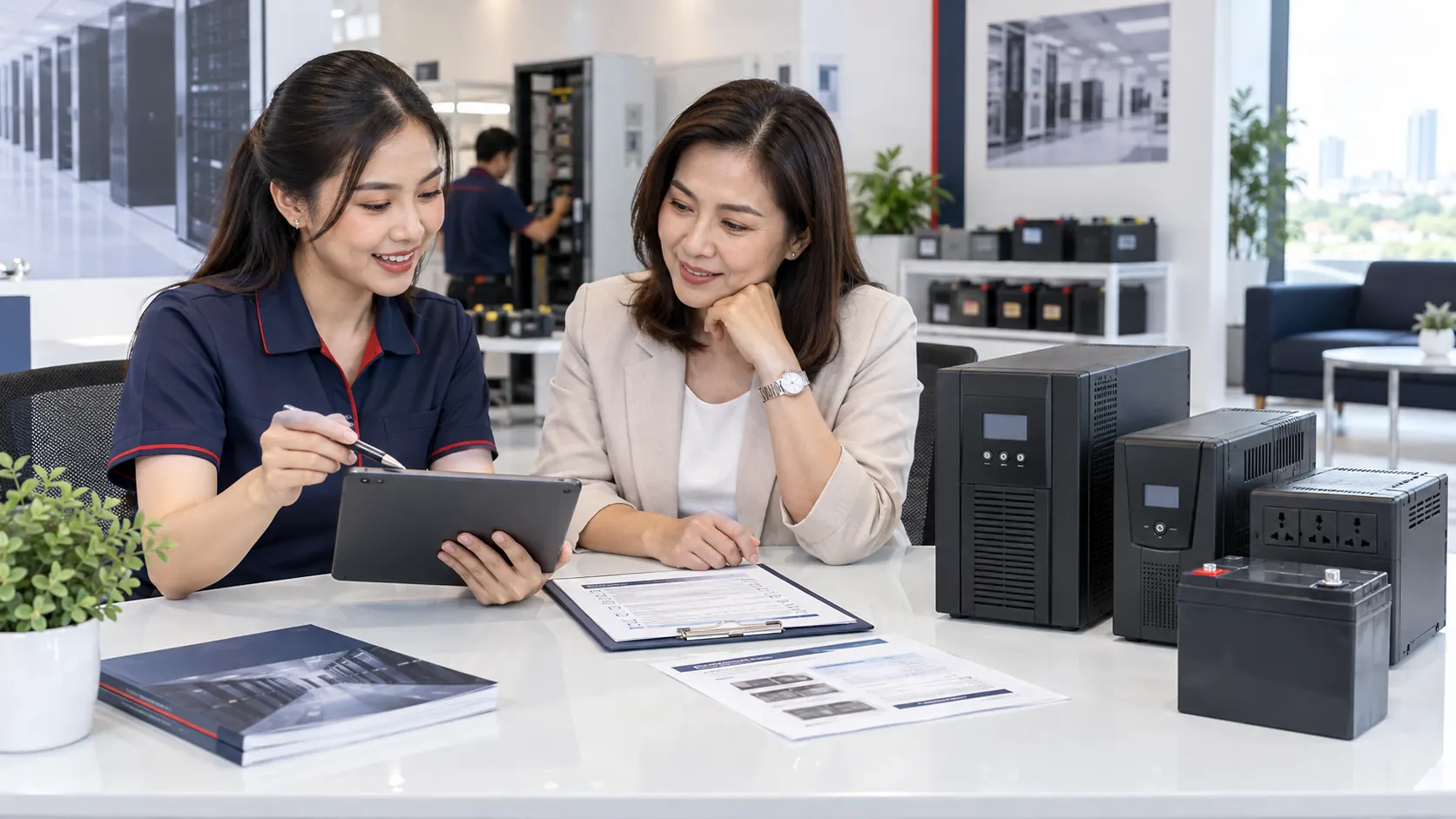 ผู้เชี่ยวชาญอธิบายการรับประกันและบริการหลังการขายของ UPS และแบตเตอรี่แก่ลูกค้า