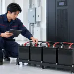 ช่างเทคนิคตรวจสอบชุดแบตเตอรี่ 12V สำหรับ UPS ในห้องระบบไฟ
