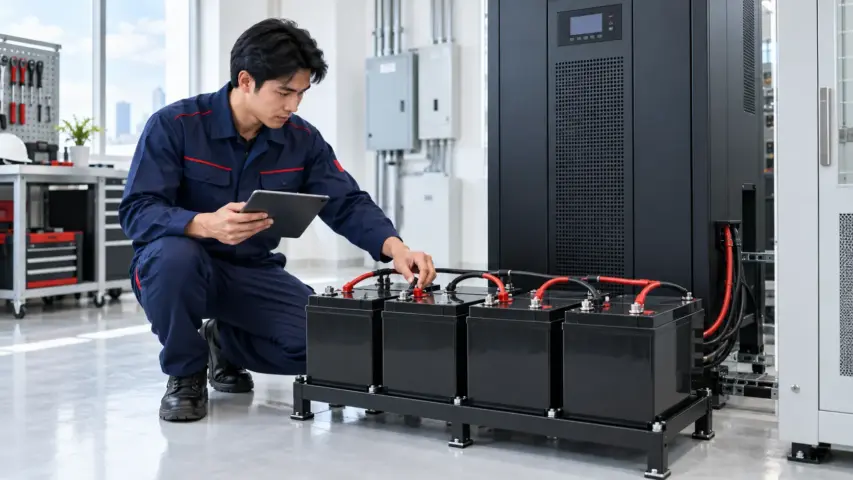 ช่างเทคนิคตรวจสอบชุดแบตเตอรี่ 12V สำหรับ UPS ในห้องระบบไฟ